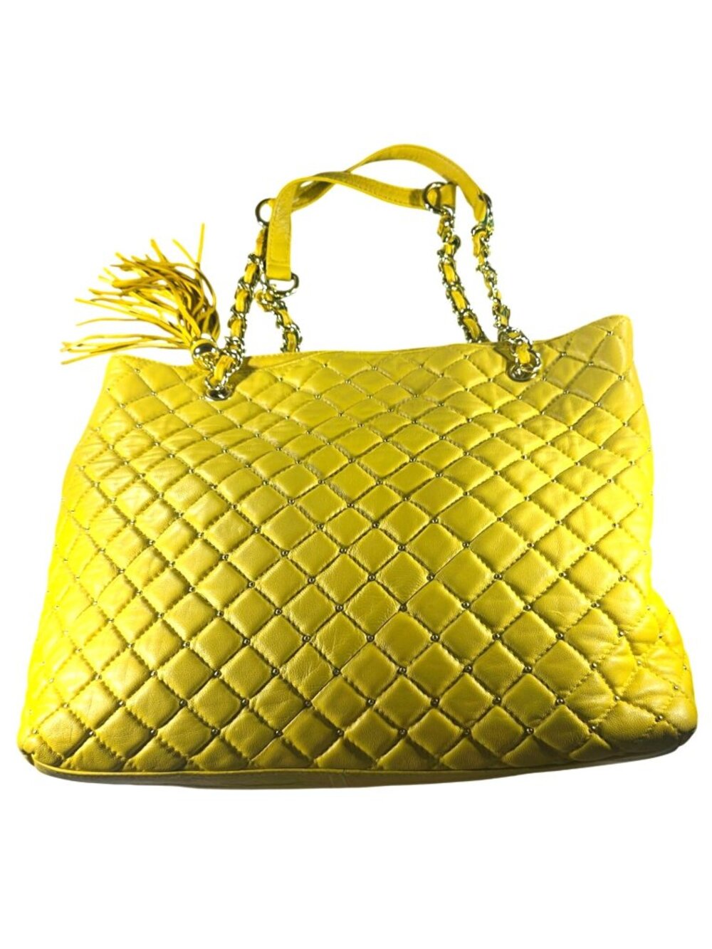 Yellow Quilted Paradox Leather Tote Bag Chain Straps Tassel Purse Handbag